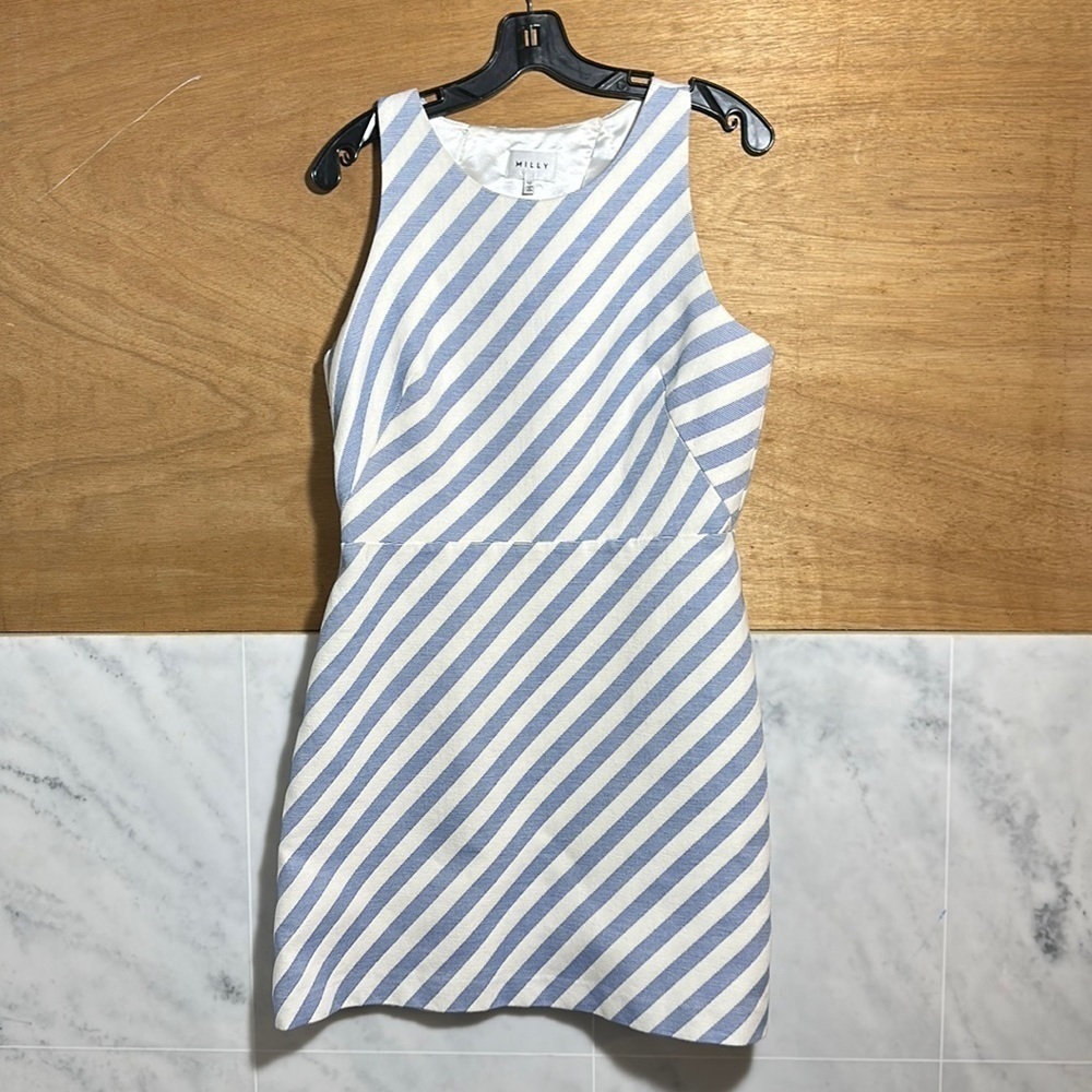 Milly White and Blue Striped Sleeveless Dress Back Cut Out Midi size 10